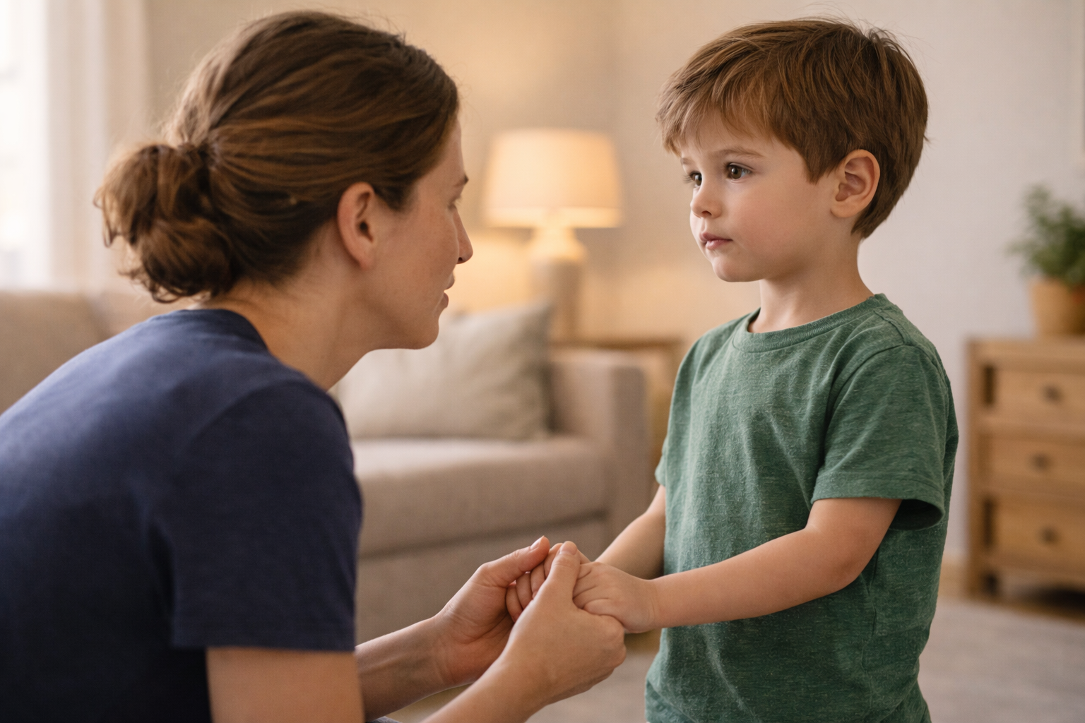 A parent kneeling at eye level with a young child, holding their hands and talking calmly