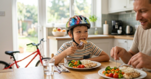 A young boy eating a balanced meal of chicken, broccoli, tomatoes, and grains with a glass of water