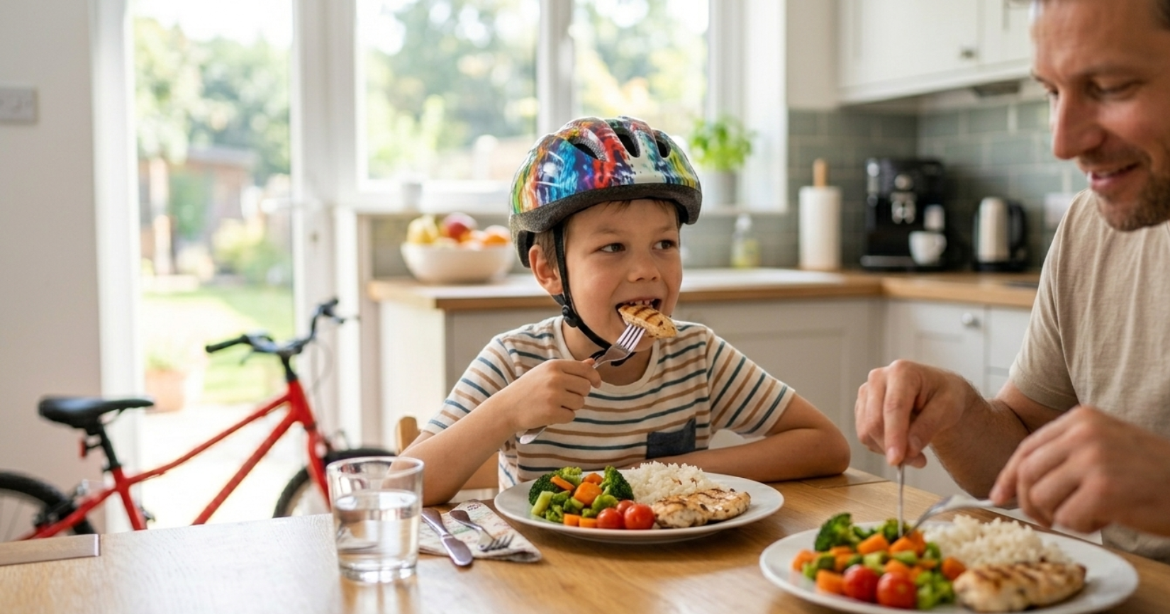 A young boy eating a balanced meal of chicken, broccoli, tomatoes, and grains with a glass of water