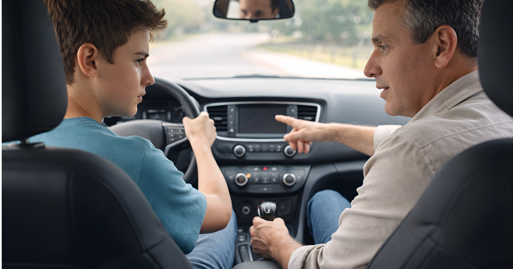 A teenage boy sitting in the driver's seat of a car while a driving instructor explains the dashboard controls from the passenger seat