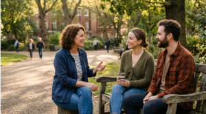 Three friends having a relaxed conversation on a park bench in warm afternoon sunlight