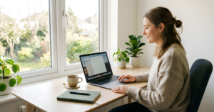 A woman working at a tidy desk with a laptop, notebook, and cup of tea beside a window with natural daylight