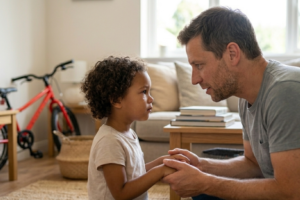 Parent Talking Calmly to Young Child at Eye Level