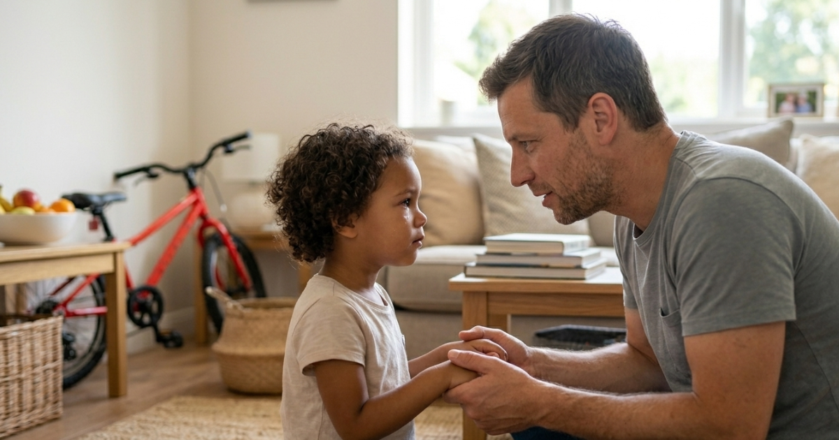 A father kneeling at eye level holding his young child's hands and talking calmly in a living room