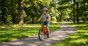 A young boy riding a red bicycle along a tree-lined park path wearing a colourful helmet