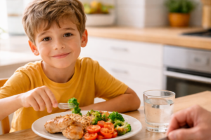 Child Eating Healthy Balanced Meal at Kitchen Table