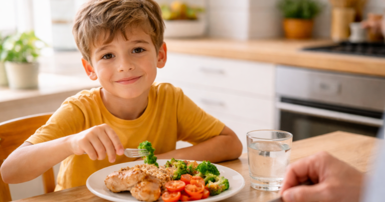 A young boy eating a balanced meal of chicken, broccoli, tomatoes, and grains with a glass of water