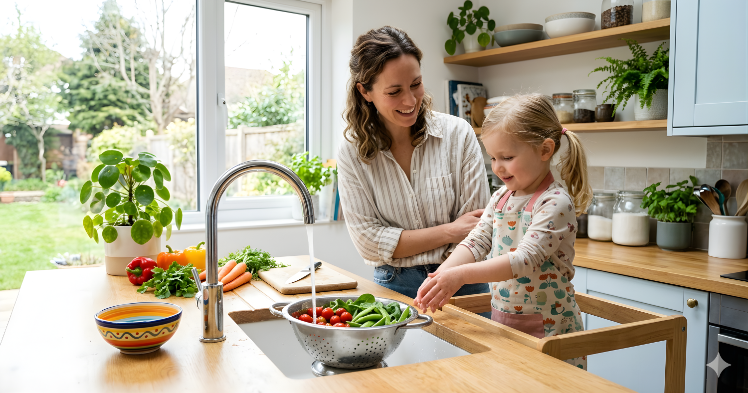 A mother and young daughter washing fresh vegetables together in a bright kitchen