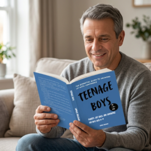 A smiling father sitting on a sofa reading Teenage Boys The 3-in-1 Guide by Samuel Ridgeway