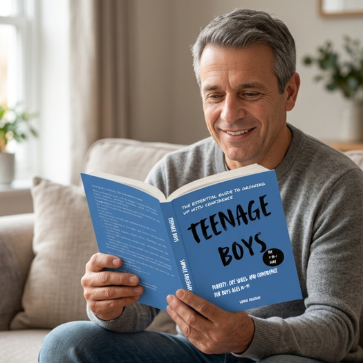 A smiling father sitting on a sofa reading Teenage Boys The 3-in-1 Guide by Samuel Ridgeway