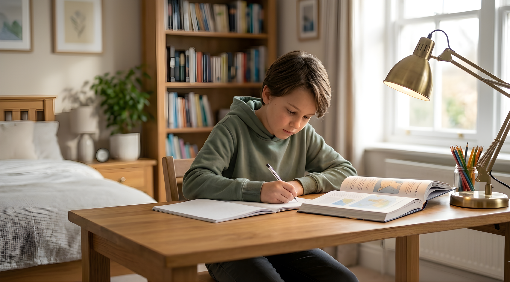 A boy sitting at a tidy desk writing in a notebook with an open textbook and desk lamp beside him