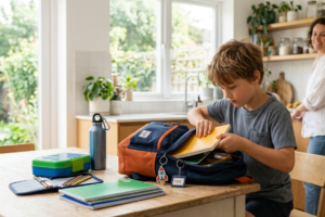 Child Packing School Backpack at Kitchen Table