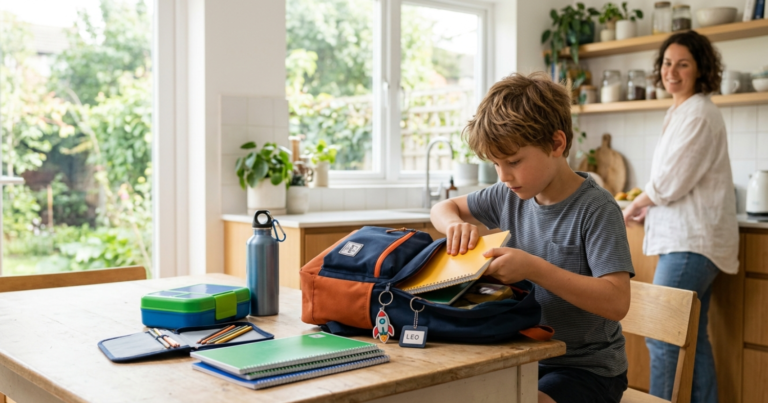 A boy packing a school backpack at a kitchen table with notebooks, a lunchbox, a water bottle, and a pencil case
