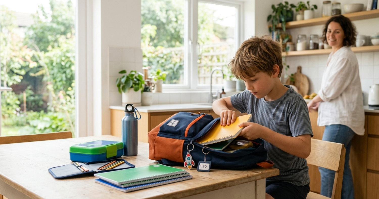 A boy packing a school backpack at a kitchen table with notebooks, a lunchbox, a water bottle, and a pencil case
