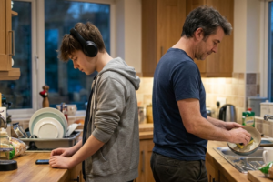 Father and teenage son side by side in the kitchen