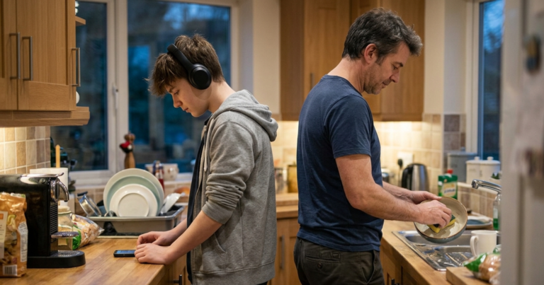 "A father washing dishes beside his teenage son who is wearing headphones and looking at his phone in a home kitchen"