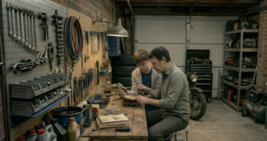 A father and his teenage son working side by side at a garage workbench, repairing a small mechanical part together under a workshop lamp