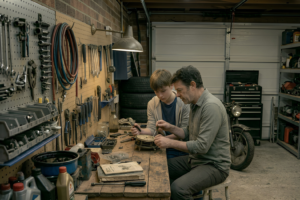 father-and-teenage-son-working-together-in-garage-workshop